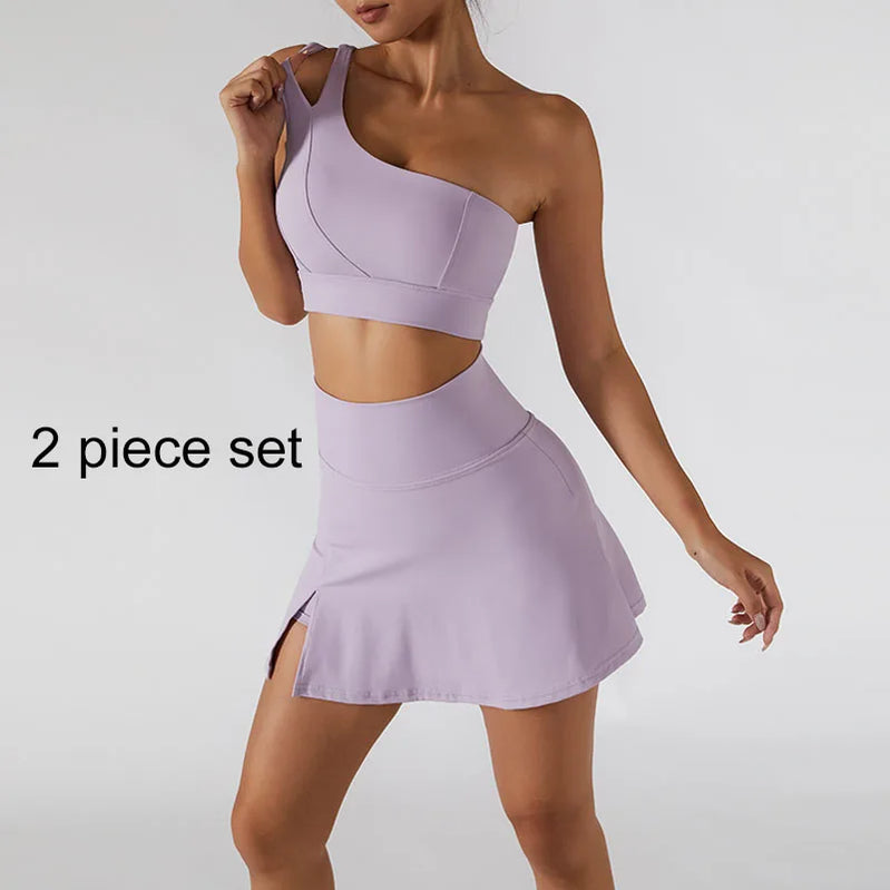 Yoga Skirt Set Women Workout Sport Gym Wear Suit High Wais Fitness Crop Top Female Tennis Sportswear One Shoulder Bra Lilac-Set