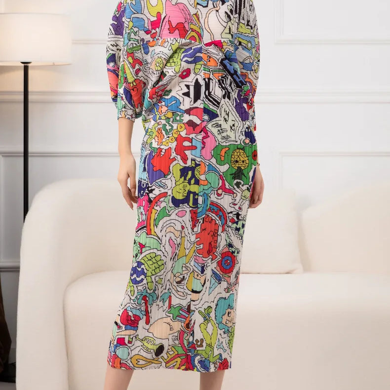 Spring Print Pleated Skirt/Holiday Party Temperament Loose Bat S Sleeve Dress Factory Spot