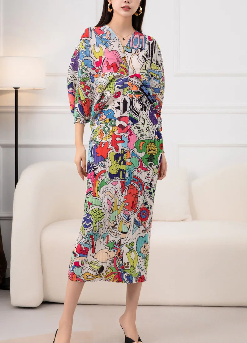 Spring Print Pleated Skirt/Holiday Party Temperament Loose Bat S Sleeve Dress Factory Spot