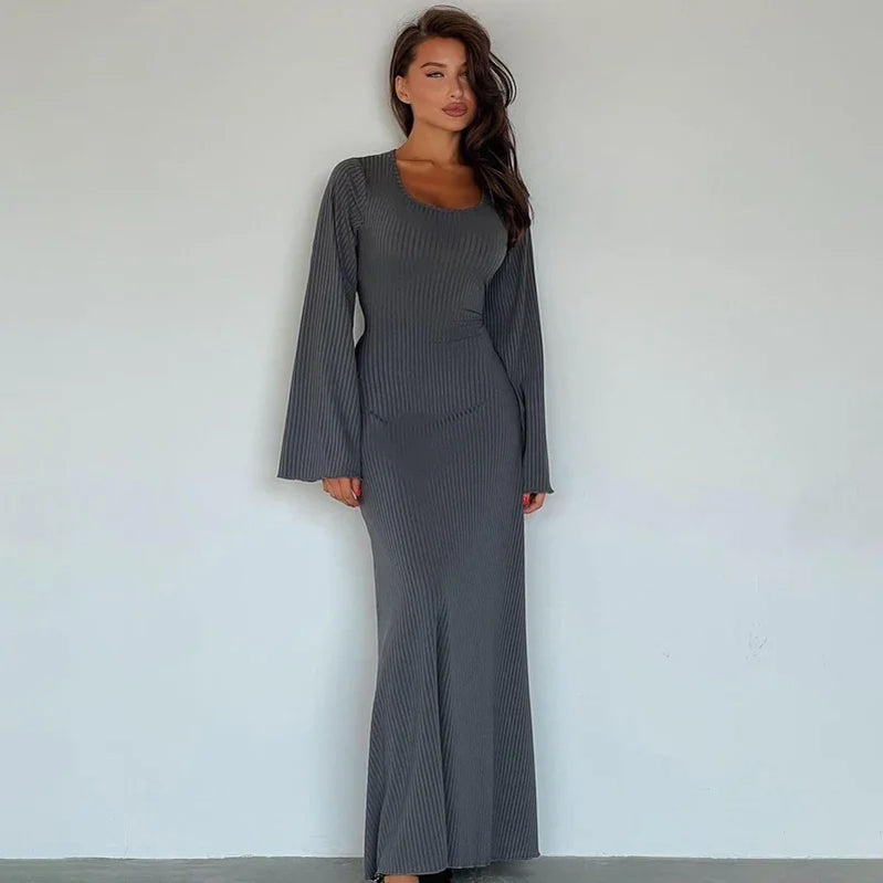 Tossy Scoop Neck Lace-Up Ribbed Maxi Dress Female Long Sleeve Fashion Slim Loose Bandage Dress Autumn 2024 Solid Women Dress New GRAY