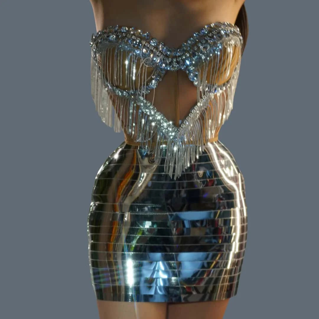 Sparkly Gold Sexy Top Two Pieces Short Skirt Set Women Celebrate Party NightClub Performance Dancer Show Stage Outfit Shengnv