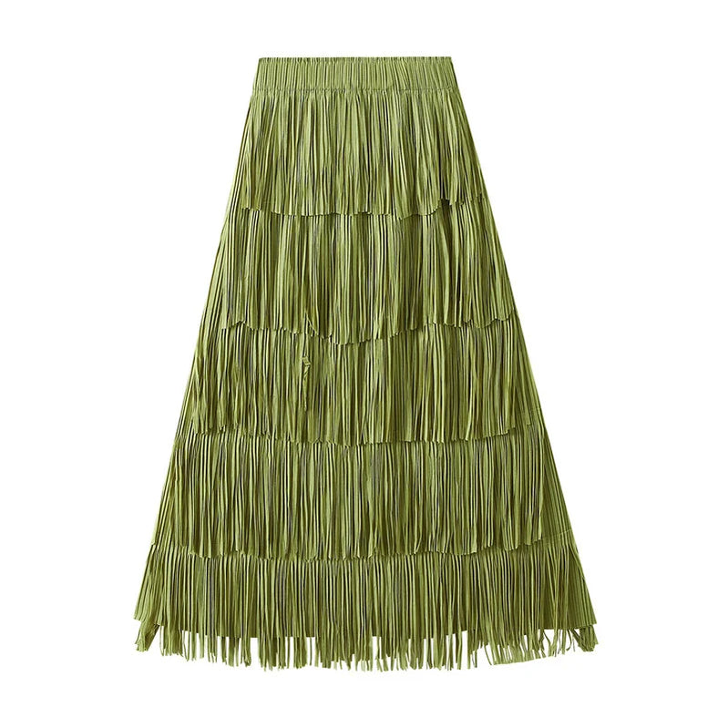 Pleated Tassel Long Skirts For Women High Waist Solid Color Stitching Elegant Party Clothing 2024 Summer Autumn Green One Size