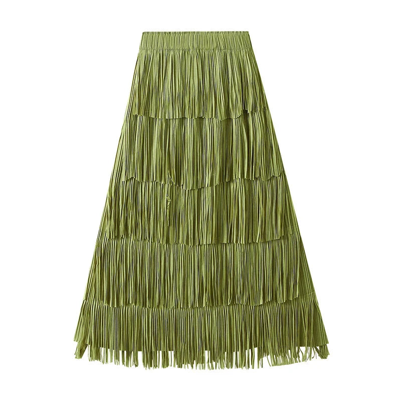 Pleated Tassel Long Skirts For Women High Waist Solid Color Stitching Elegant Party Clothing 2024 Summer Autumn Green One Size