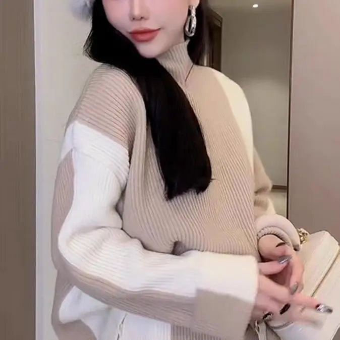 2023 new knitted women thickened turtleneck color-blocked sweater skirt y2k Korean style lazy slim two-piece suit 1 3