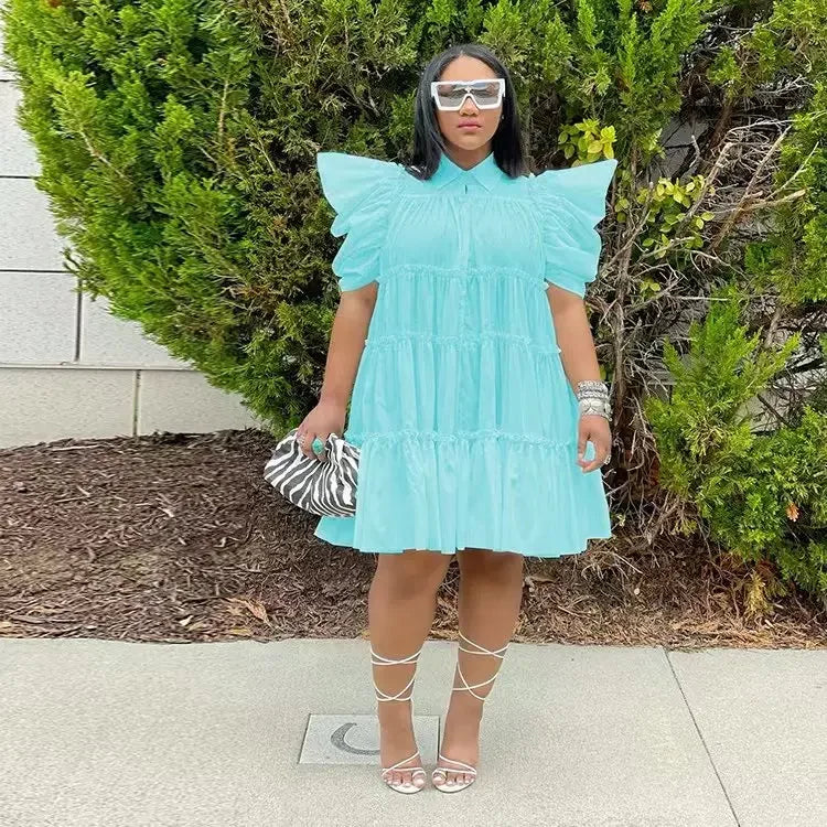 CM.YAYA Elegant Women Puff Short Sleeve Smock Dress  2022 Summer Chic Big Swing Loose Turn-down Neck Sundress Vestidos