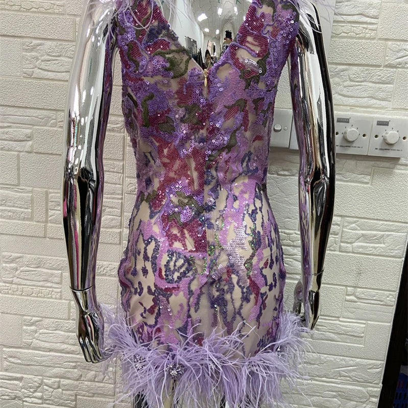 STOCK High Quality Gorgeous Feathers Shining Diamonds Violet Sequins Sleeveless Mini Dress Graceful Woman Evening Party Outfit