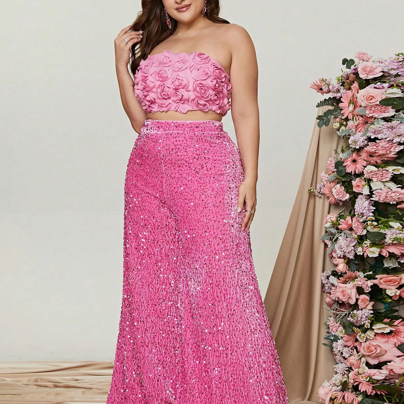 Plus Size Tube Top 3D Flower and Sequin Party Suit