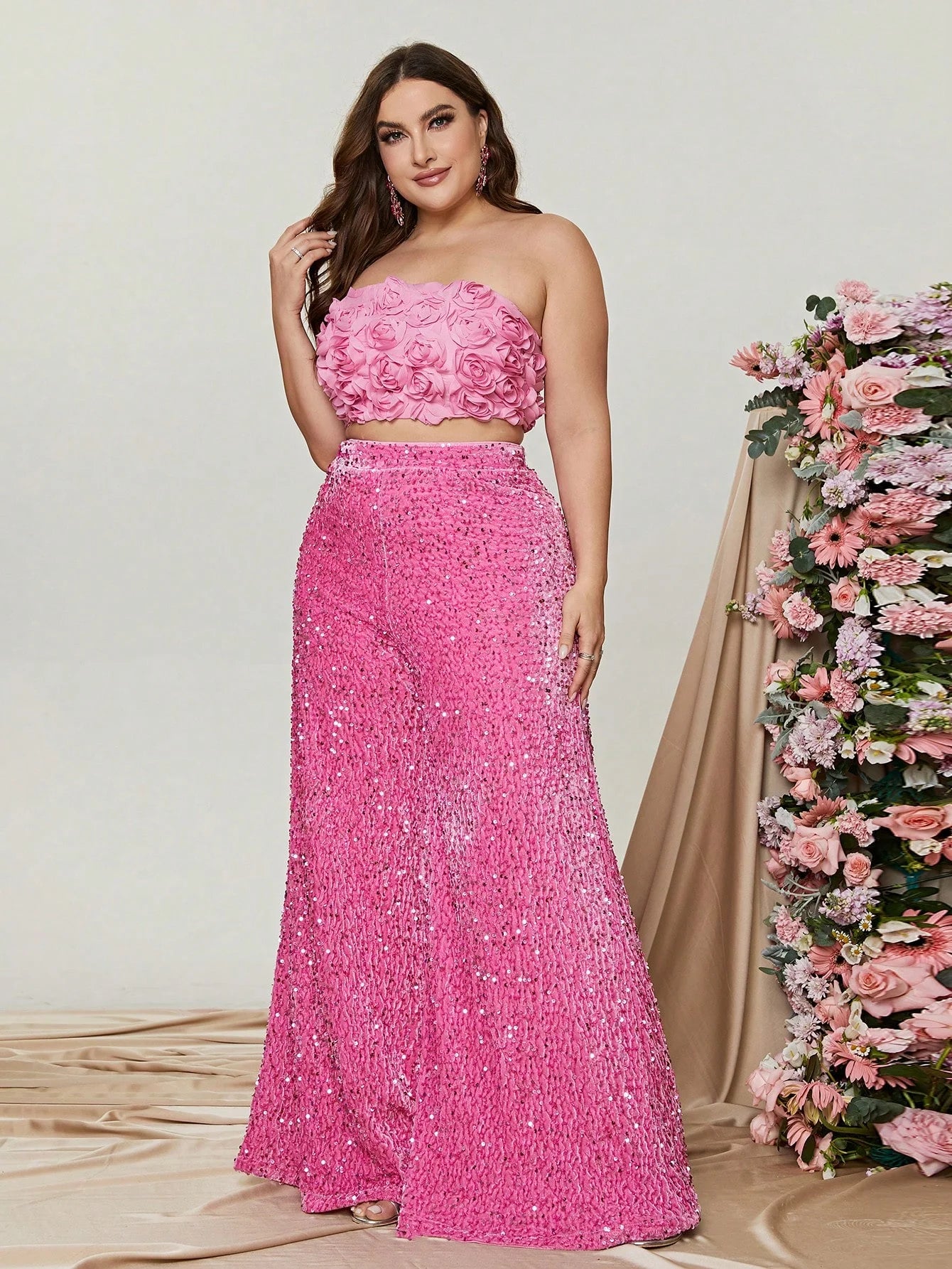 Plus Size Tube Top 3D Flower and Sequin Party Suit