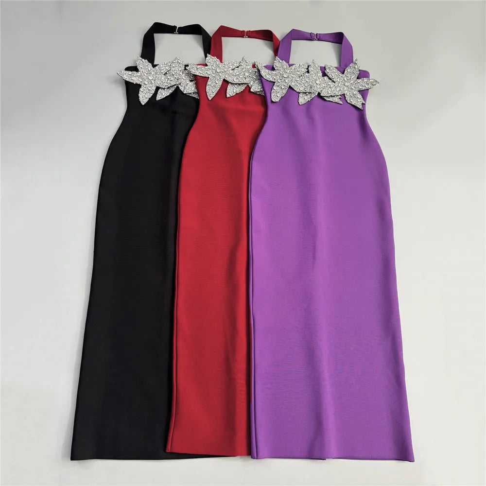 Black Red Women Sexy Halter Off the Shoulder Shinning Diamond Bodycon Long Bandage Dress Evening Party Celebrate Fashion Outfit