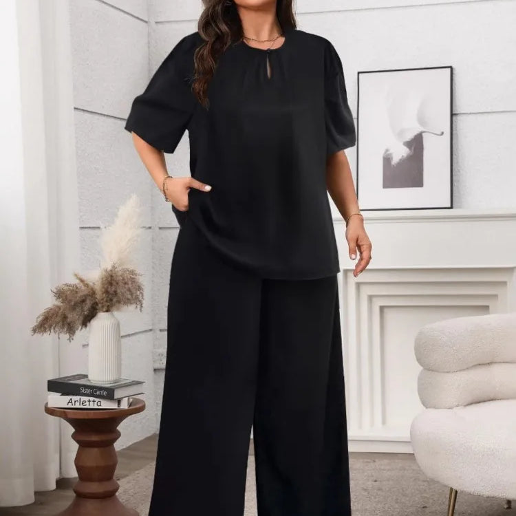 Plus Size Summer 2 Two Piece Set Women Pleated Short Sleeve Modis Casual Ladies Blouses Loose Wide Leg Elastic Waist Woman Pant