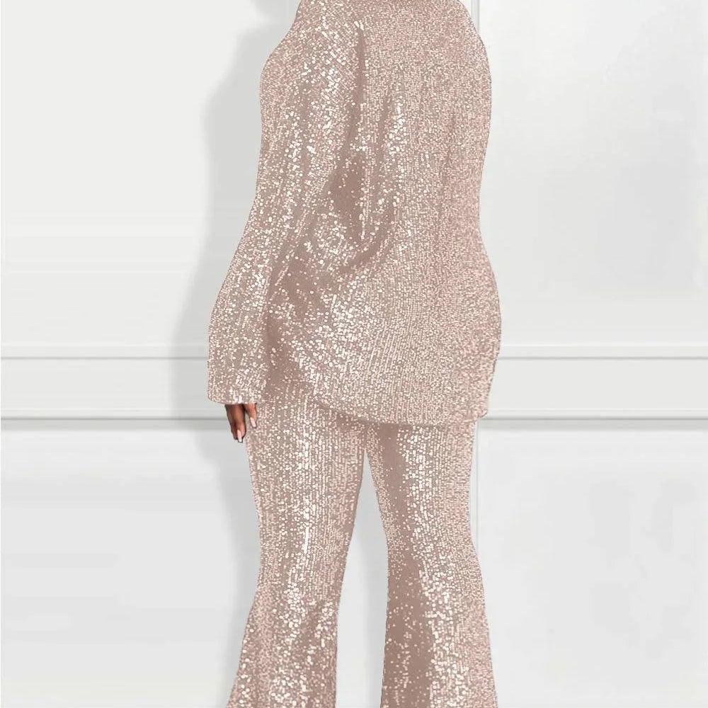 Plus Size Women Two Piece Set Sequin Flare Sleeve V-Neck Tops and Wide Leg Pants Outfits Party Club Streetwear Matching Sets