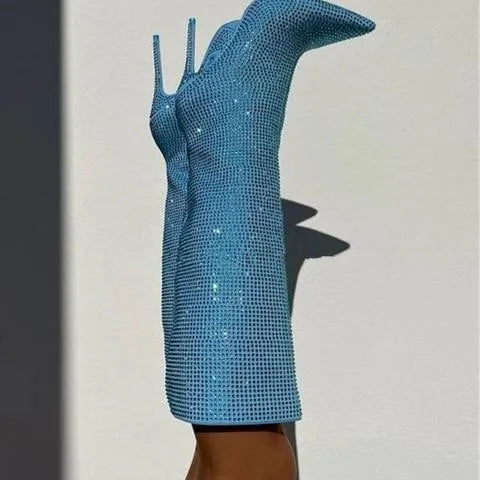 Rhinestone Women's High Boots Pointed Toe Slip-on Long Boots Women Boots High Heels Sexy Stiletto Ladies Party Shoes