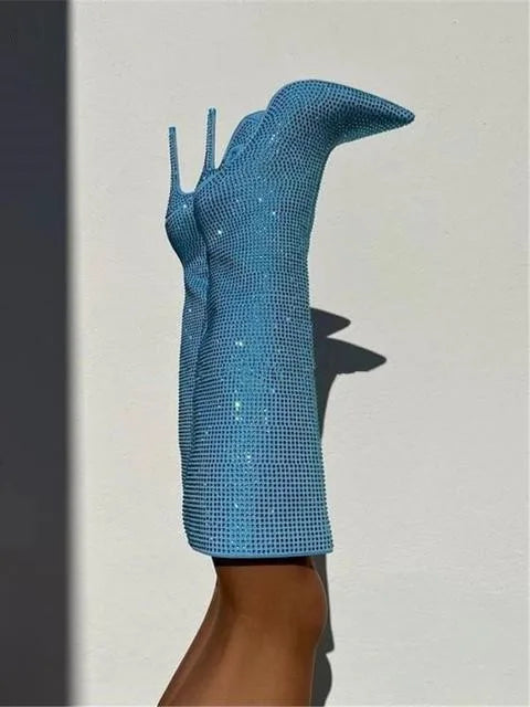 Rhinestone Women's High Boots Pointed Toe Slip-on Long Boots Women Boots High Heels Sexy Stiletto Ladies Party Shoes