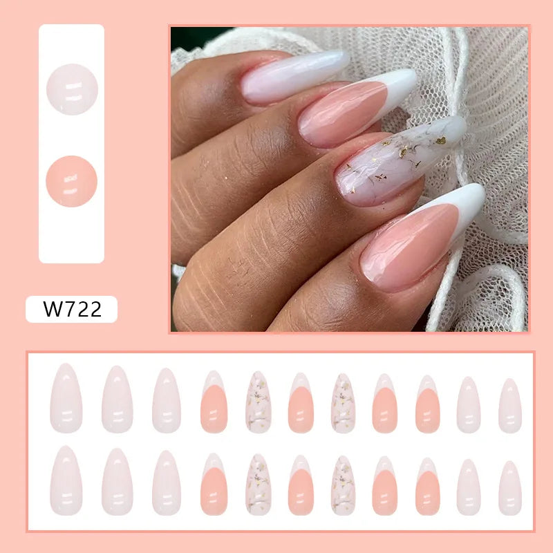 24pcs White French Gold Messy Lines Press on Nails Almond Simple Pink Fake Nails Full Cover Wearable False Nails