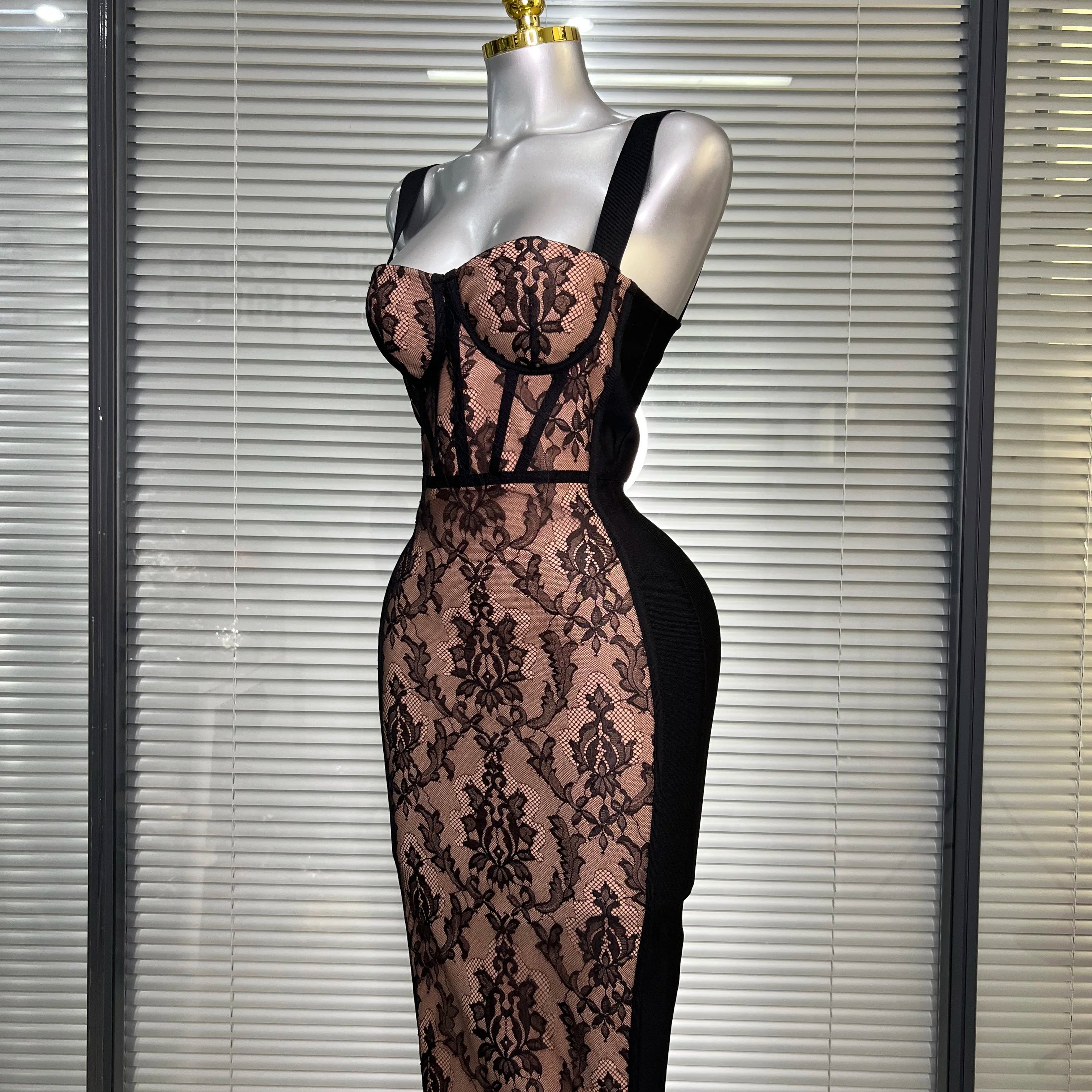 Vestido New INS Sexy Women Black Lace Midi Bandage Dress Celebrity Elegant High Street Knitted Bodycon Party Dress
