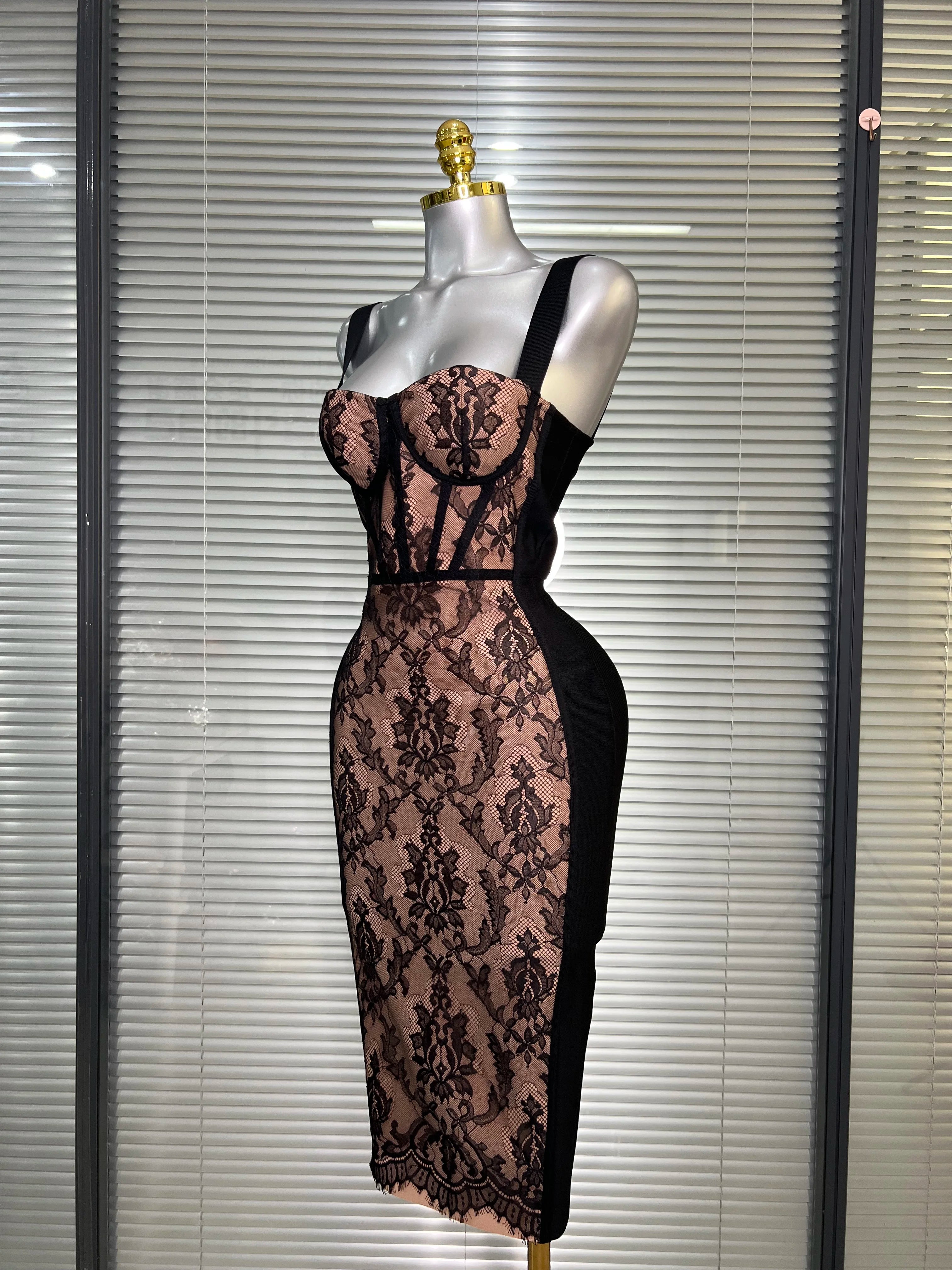 Vestido New INS Sexy Women Black Lace Midi Bandage Dress Celebrity Elegant High Street Knitted Bodycon Party Dress