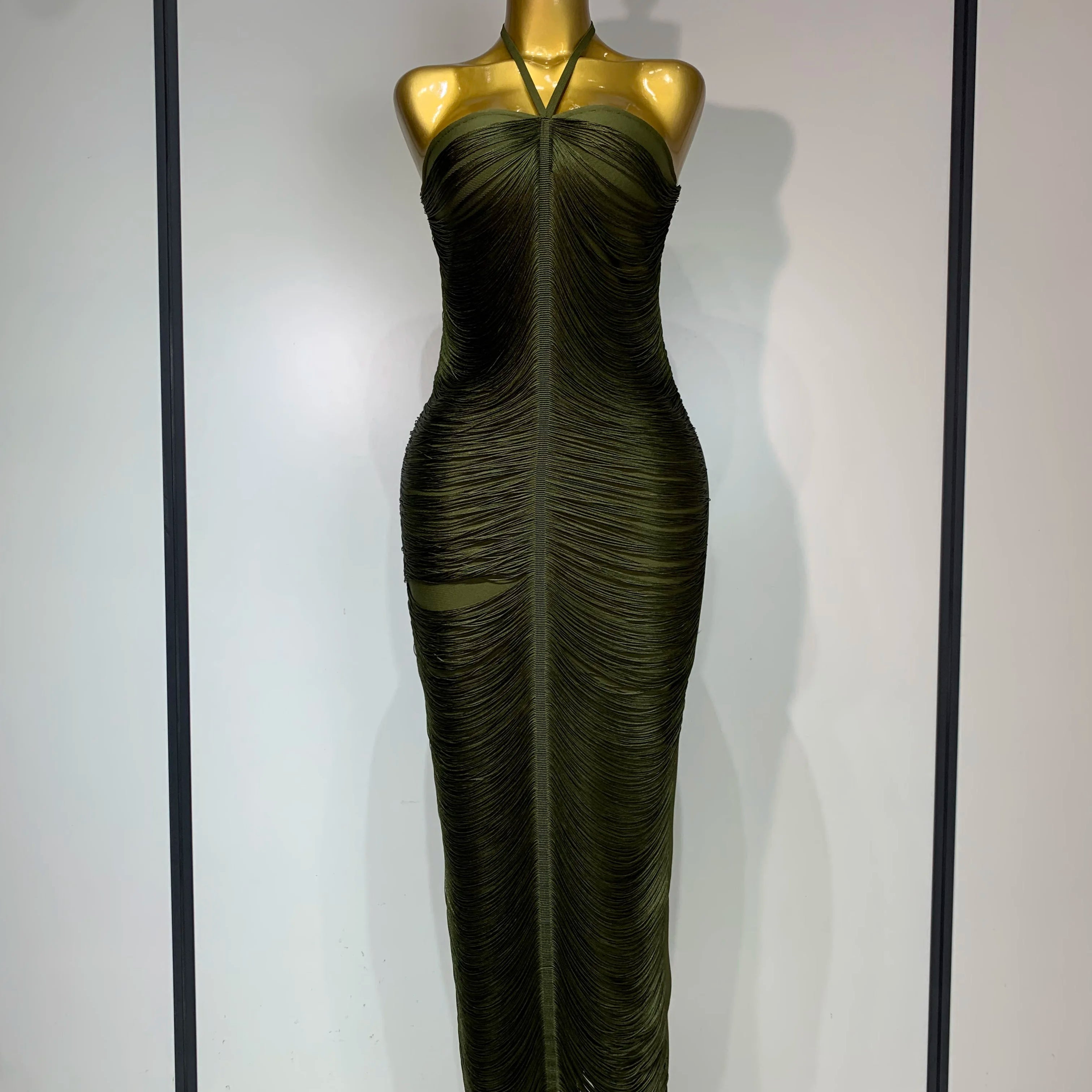 Women Sexy Celebrity Elegant Backless Halter Tassel Bodycon Bandage Dress Evening Party Luxury Birthday Wedding Guest Dress