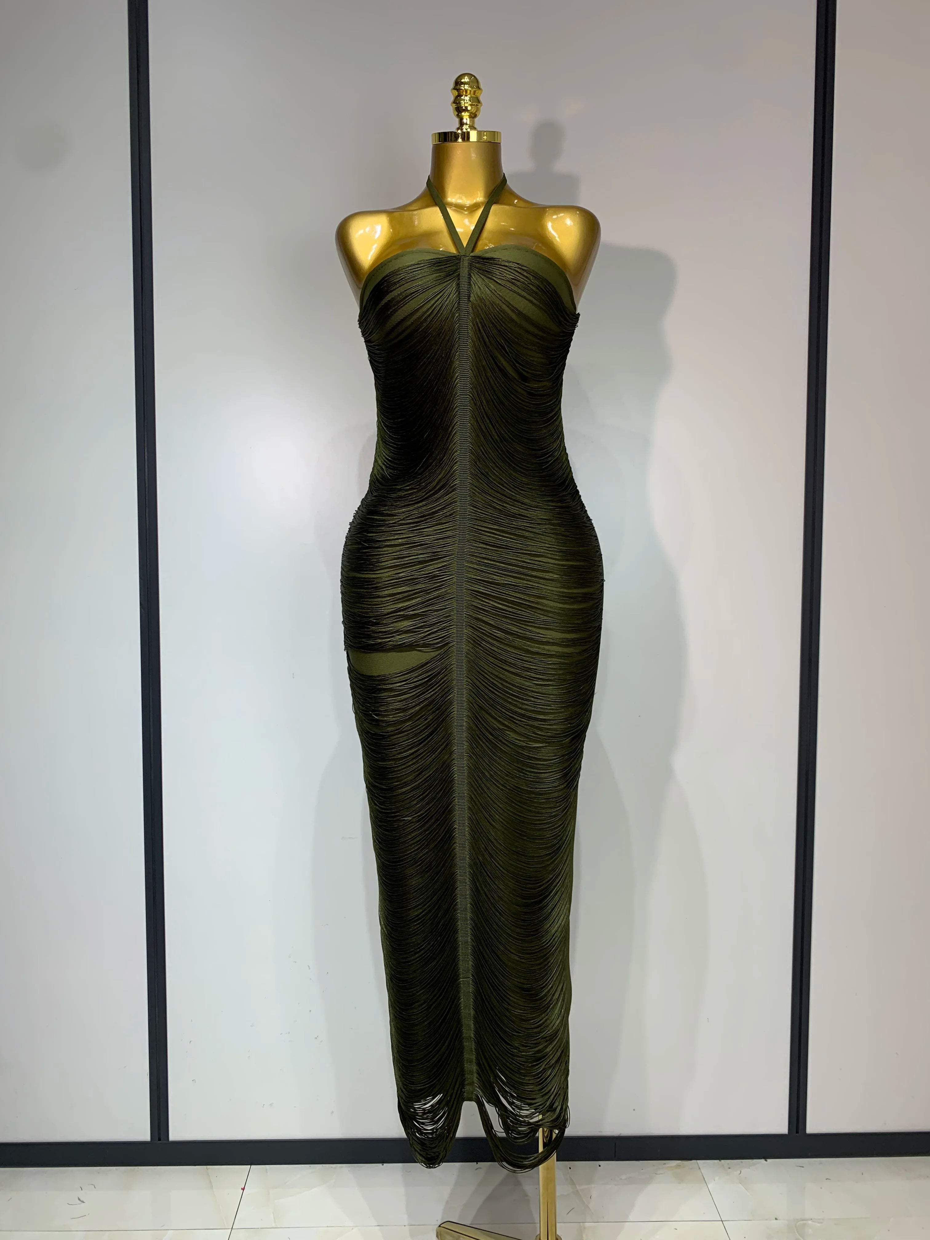 Women Sexy Celebrity Elegant Backless Halter Tassel Bodycon Bandage Dress Evening Party Luxury Birthday Wedding Guest Dress