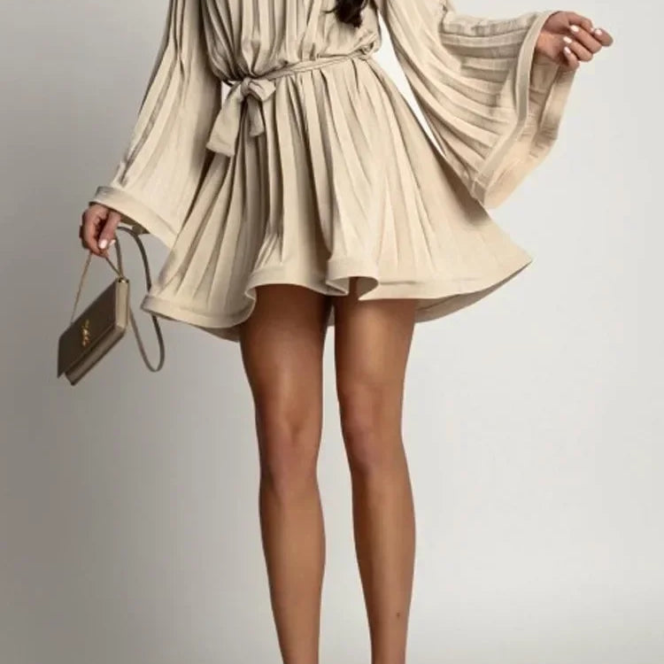 08 New Spring Summer Elegant Pleated Dress Women Fashion Solid Round Neck Flared Sleeve Lace-up Pleated Mini Dress Women Khaki