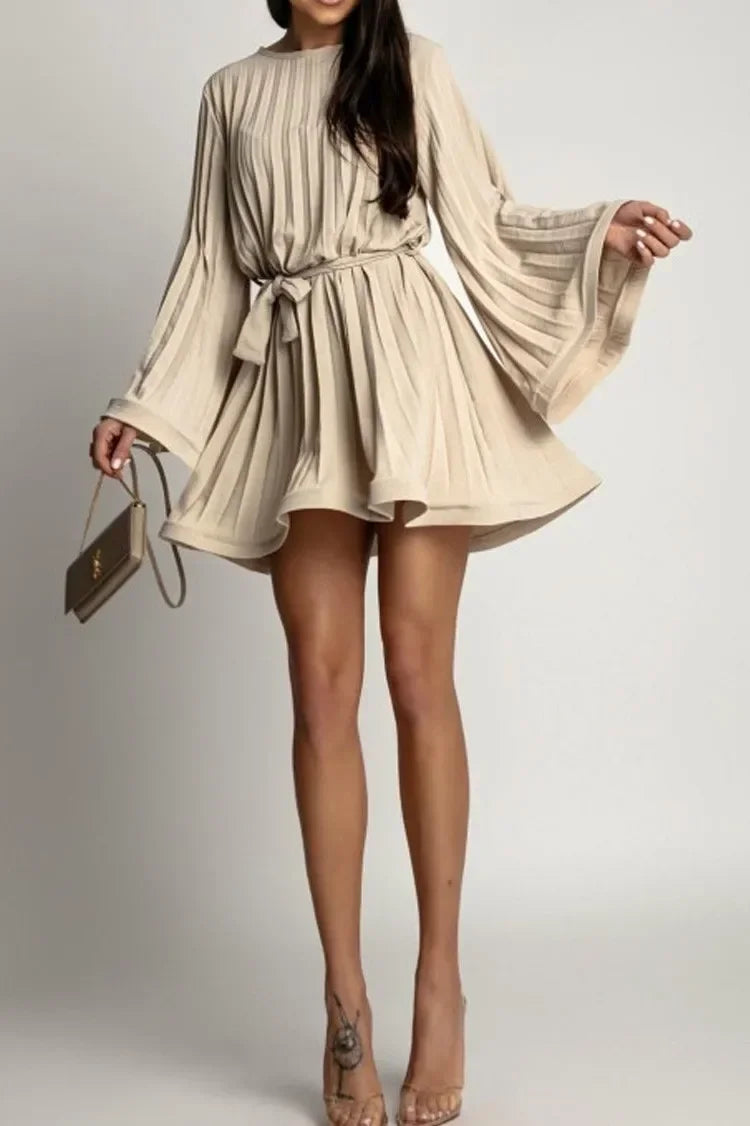 08 New Spring Summer Elegant Pleated Dress Women Fashion Solid Round Neck Flared Sleeve Lace-up Pleated Mini Dress Women Khaki