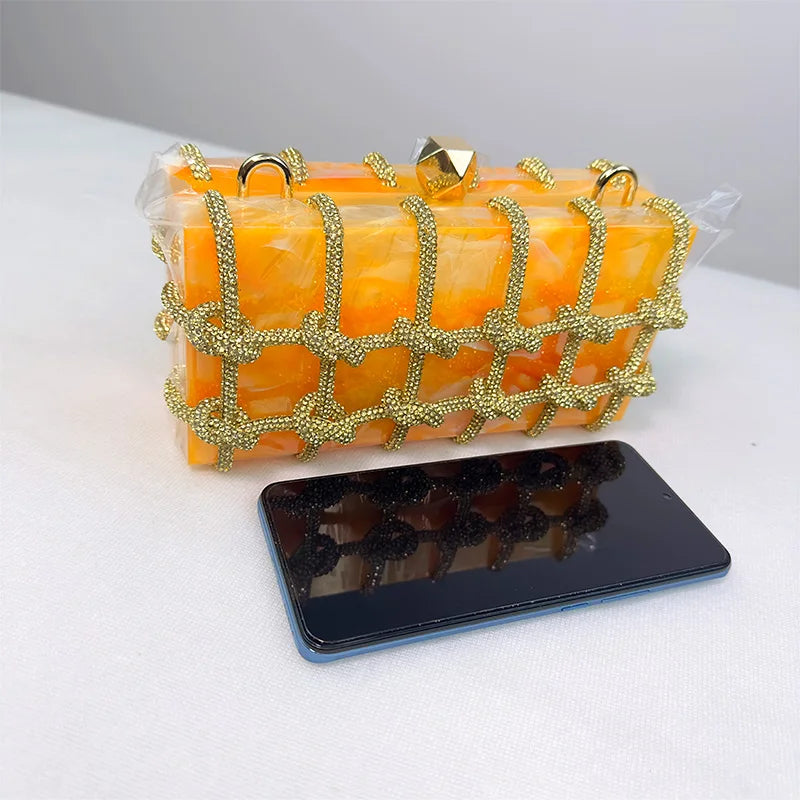 Luxury Rhinestone Purses For Women Brand Fashion Designer Handbags Marbling Evening Clutch Versatile Party Rhinestone Bag Yellow