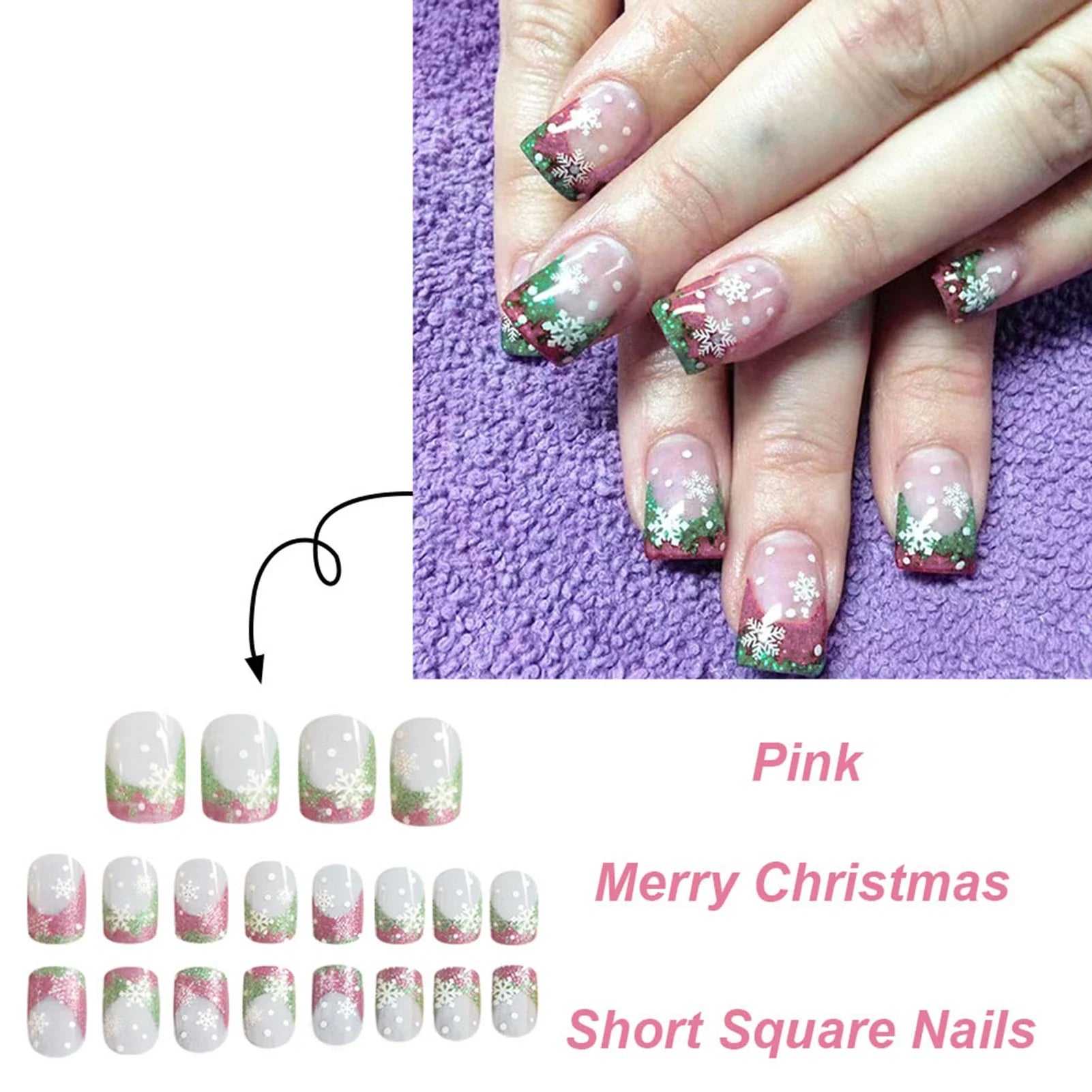 24Pcs Glossy Pink/Green Sequins French False Nails Nude Color Short Square Press On Nails Snowflake Printed Christmas Fake Nails