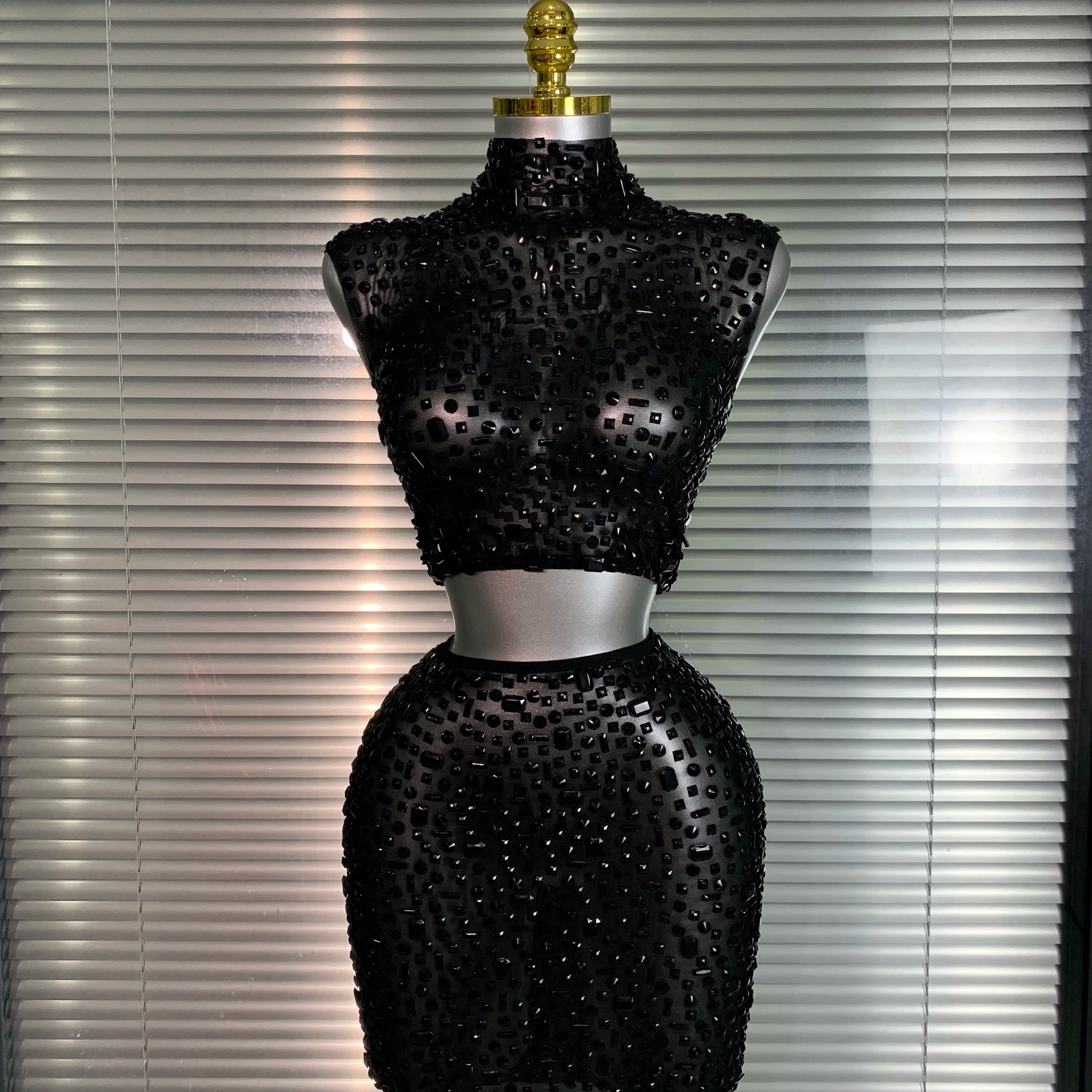 Women Sexy Two Pieces Set Women Black Crystal Diamond Night Club Skirt Suits Singer Dancer See Through Stage Performance Costume