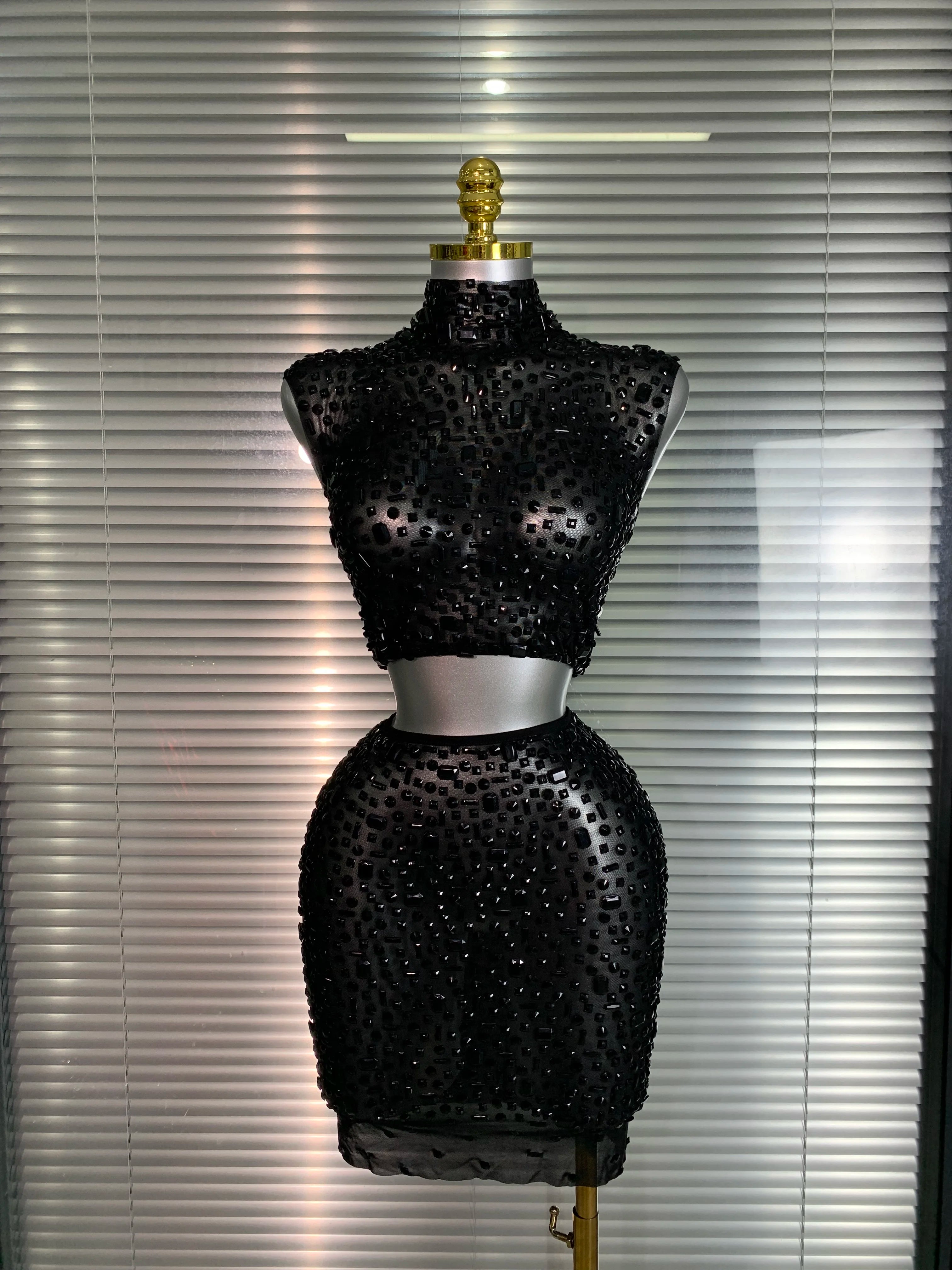 Women Sexy Two Pieces Set Women Black Crystal Diamond Night Club Skirt Suits Singer Dancer See Through Stage Performance Costume