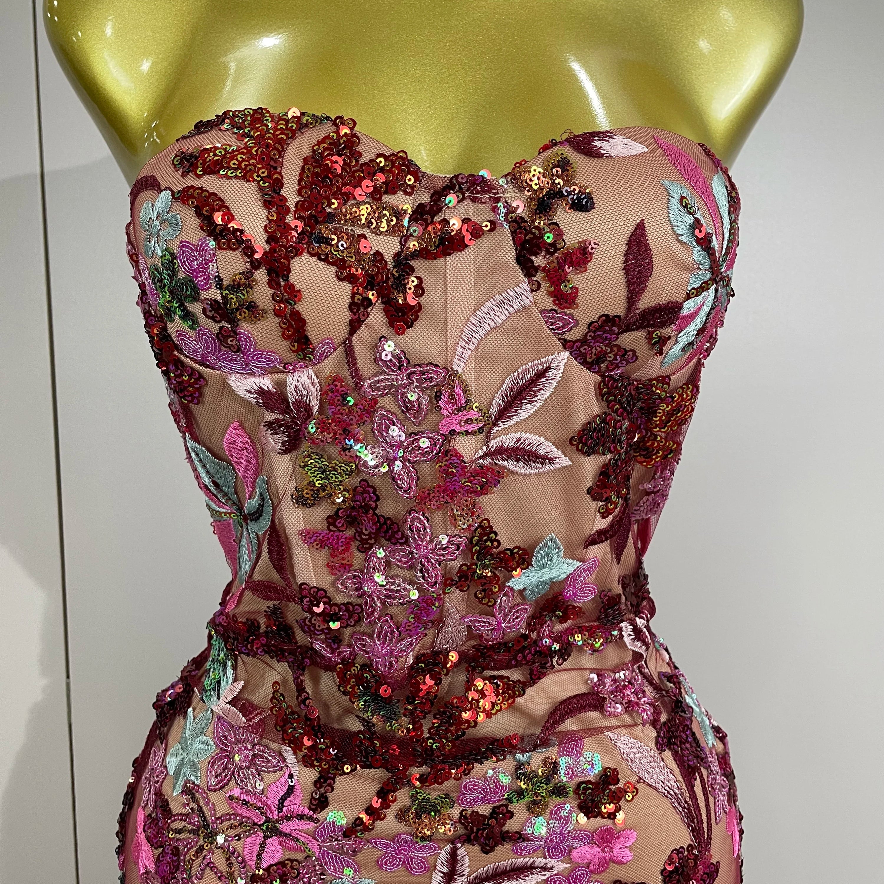 Sexy Strapless Floral Sequin Long Dress 2025 New Women Sequins Flower Backless Long Slim Dress Evening Party Runway Gown Dress