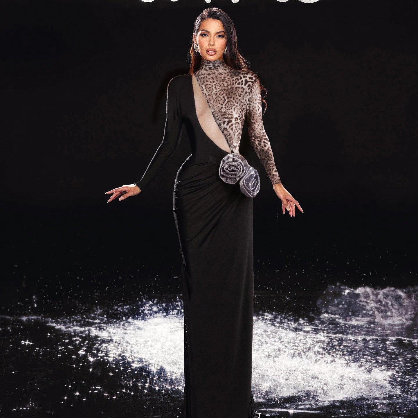 Women Fashion Long Sleeve Keyholes Florals Bodycon Long Maxi Dress Cotton Celebrate Evening Party Red Carpet Outfit