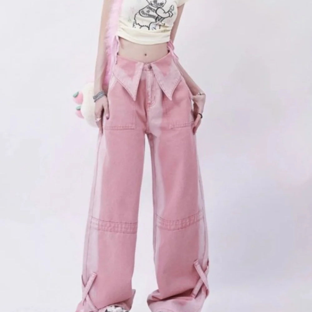 Pink High Waist Jeans for Women Autumn Winter Casual Baggy Pants Woman Y2K Streetwear Clothes Wide Leg Jeans Ladies Korean