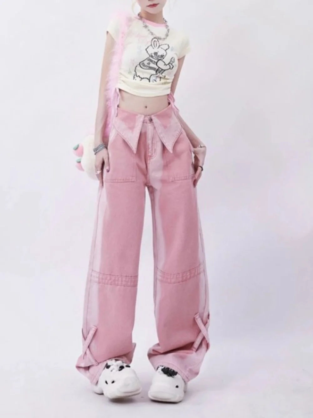 Pink High Waist Jeans for Women Autumn Winter Casual Baggy Pants Woman Y2K Streetwear Clothes Wide Leg Jeans Ladies Korean