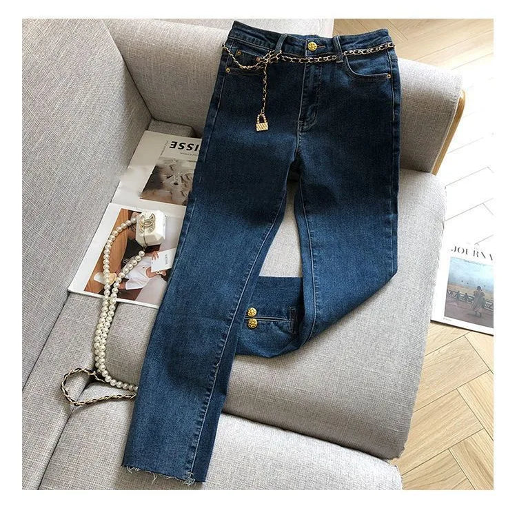 Gold Metal Button Jeans Women's High Waist Loose Slim Chain Lock Belt Pants Pure Cotton Wool Solid Color Elastic Beige Luxury 24 Blue