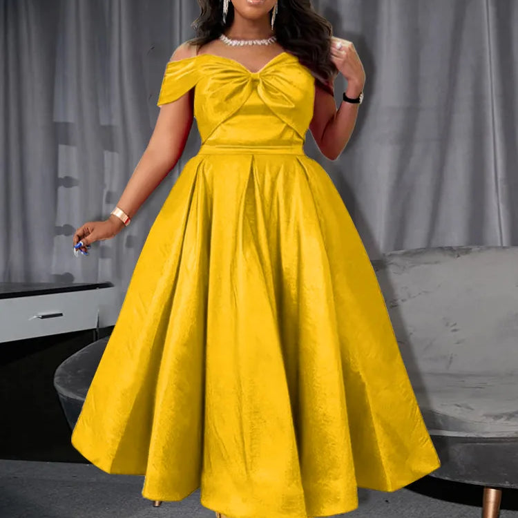 Plus Size 4XL A Line Dresses Retro Prom Fit and Flare Off Shoulder Robes Backless Ankle Length Gold Wedding Party Evening Gown Yellow