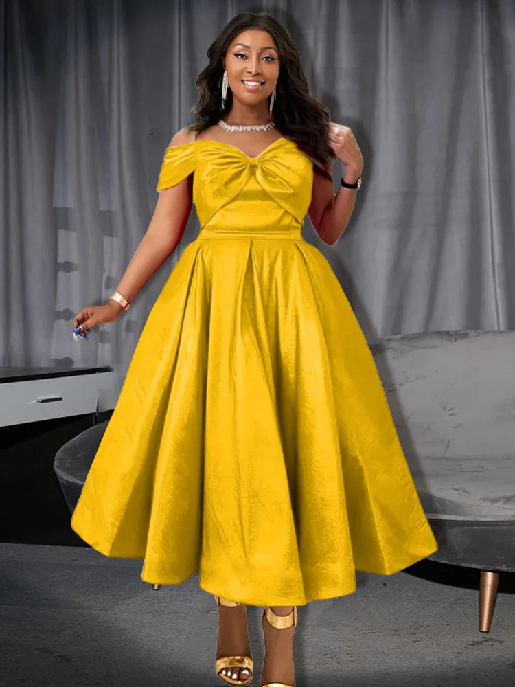 Plus Size 4XL A Line Dresses Retro Prom Fit and Flare Off Shoulder Robes Backless Ankle Length Gold Wedding Party Evening Gown Yellow