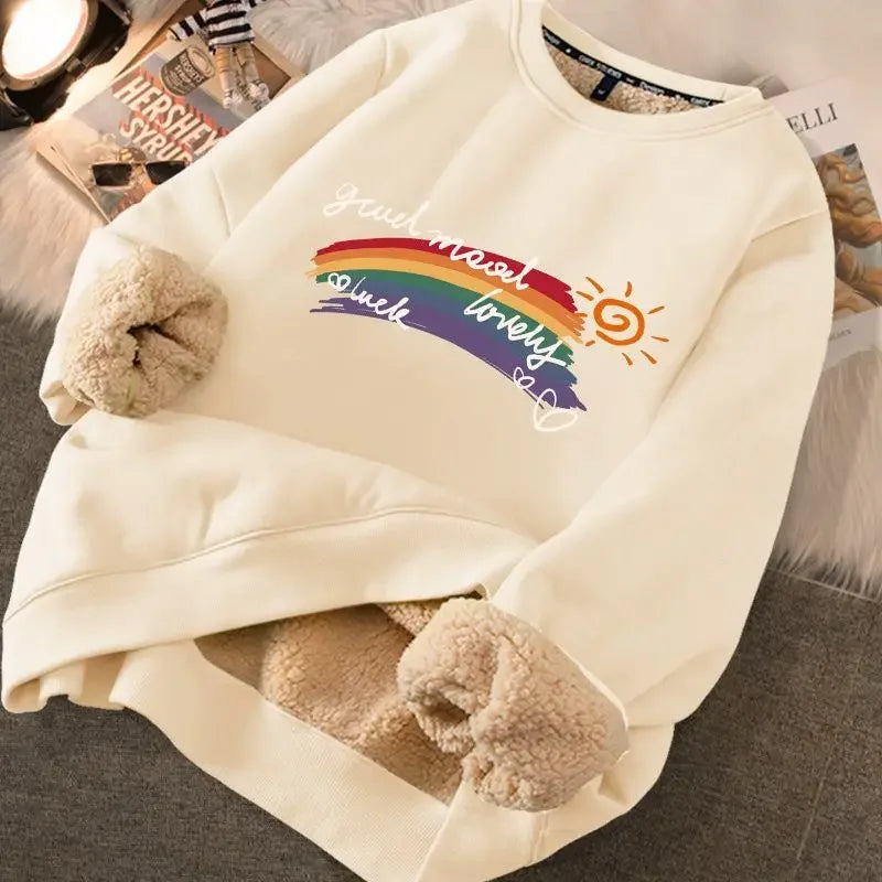 FIGOHR Cute Fleece Warm Hoodies Women Rabbit Thicken Thermal Sweatshirts Printed Loose Sweatshirts for Autumn/Winter RAINBOW APRICOT