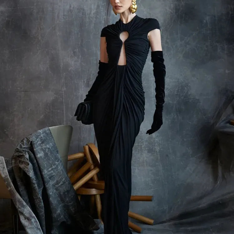 Fashion Women Sexy Short Sleeve Black Mesh Ruched Maxi Long Bodycon Dress 2025 Elegant Evening Club Party Dress