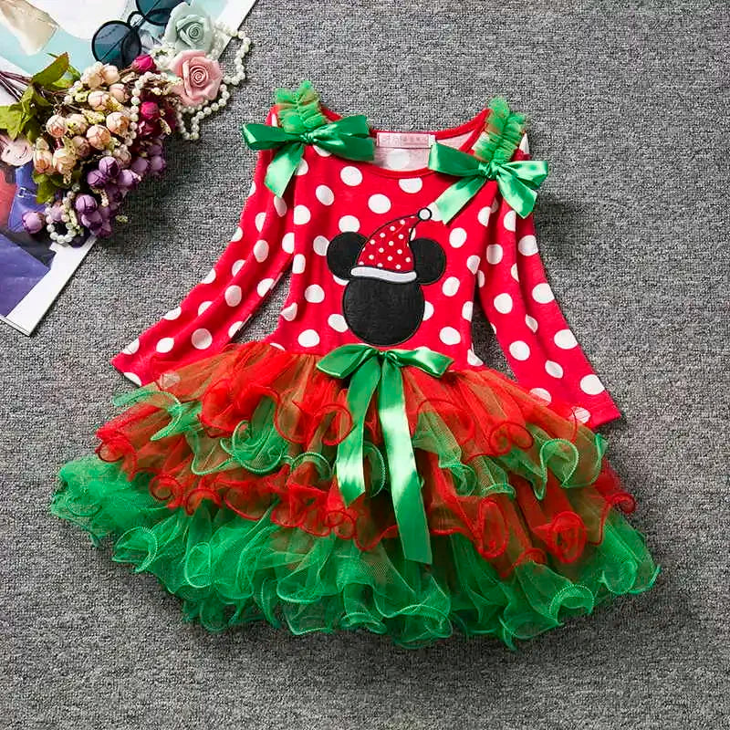 Baby Girls Christmas Costume for 1-5 Yrs Polka Dot Santa Claus Print Xmas New Year Red Dress Kids Princess Party Gown