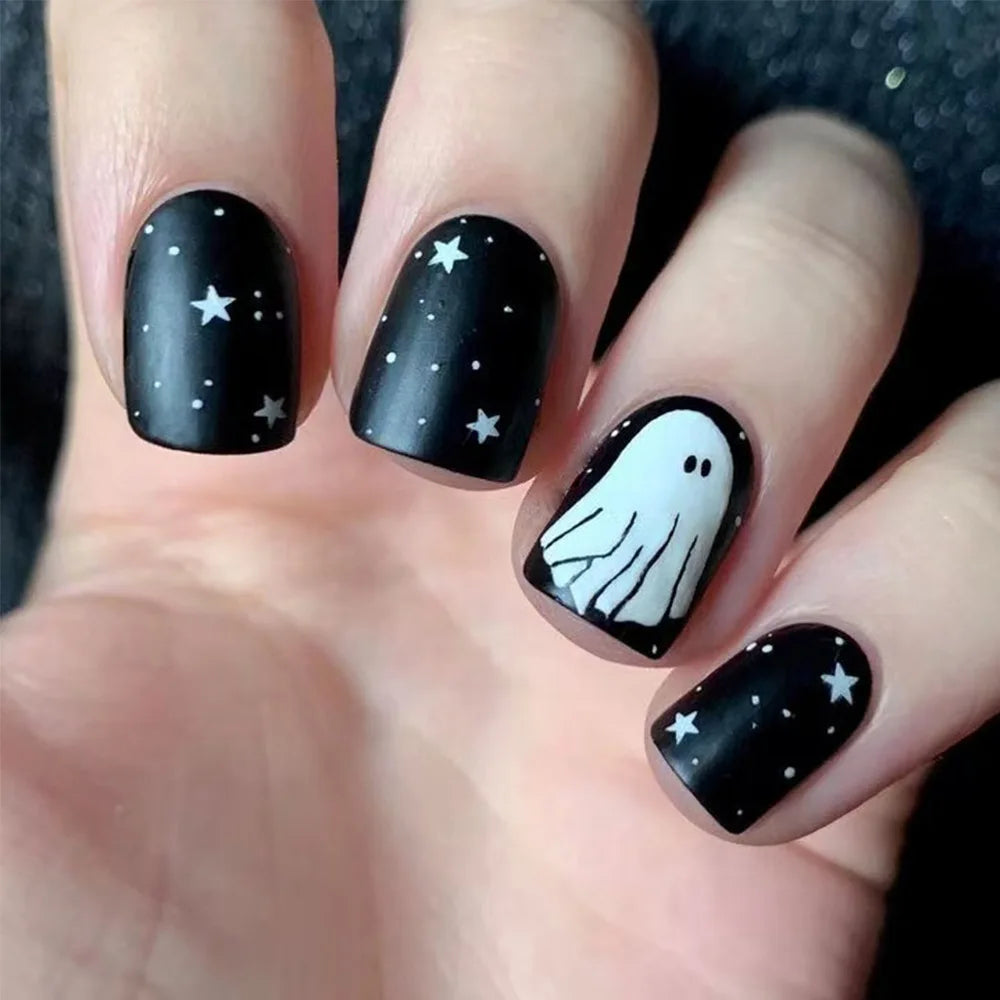 24Pcs Short Square False Nails Dark Forest Castle Design Press on Fake Nails Halloween Reusable Artificial Full Cover Nails Tips