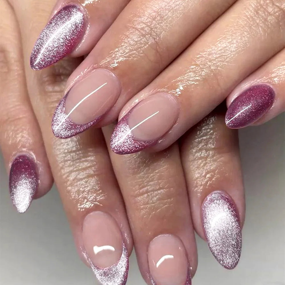 24Pcs Purple French press on nails with 3D broken diamond wearable mid-length almond fake nail tips round head false nails