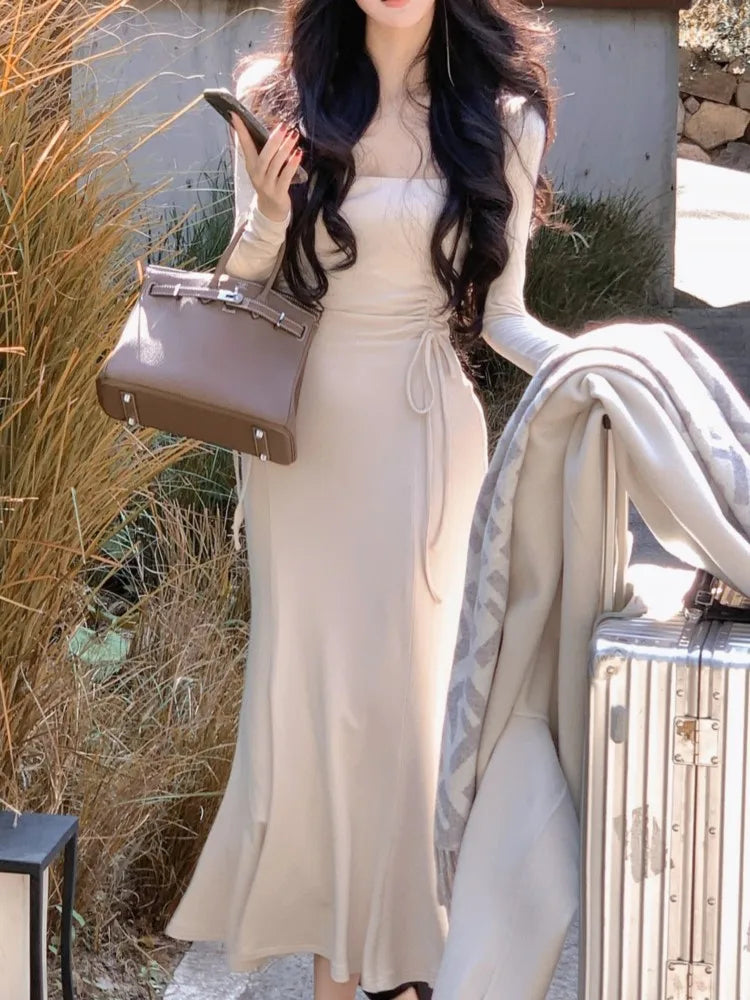 Fashion Women Midi Bodycon Dress Autumn New Drawstring Casual Slim Elegant Party Vestidos Female Chic Prom Birthday Long Robe