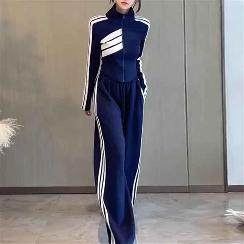 Striped Sports Set Women's Autumn/Winter Fashion Contrast Color Zipper Coat Long Sleeve Casual Wide Leg Pants Two Piece Set blue CHINA