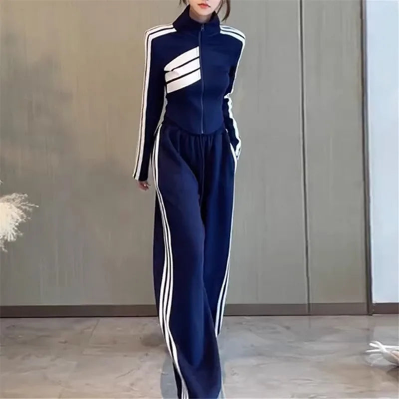 Striped Sports Set Women's Autumn/Winter Fashion Contrast Color Zipper Coat Long Sleeve Casual Wide Leg Pants Two Piece Set blue CHINA