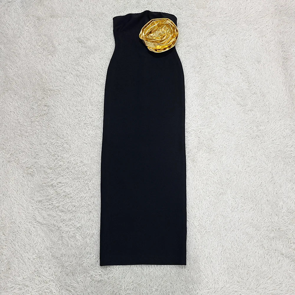 Vestido longo preto feminino, sexy, sem alças, com estampa floral dourada, colado ao corpo, elegante, para festa à noite, coquetel