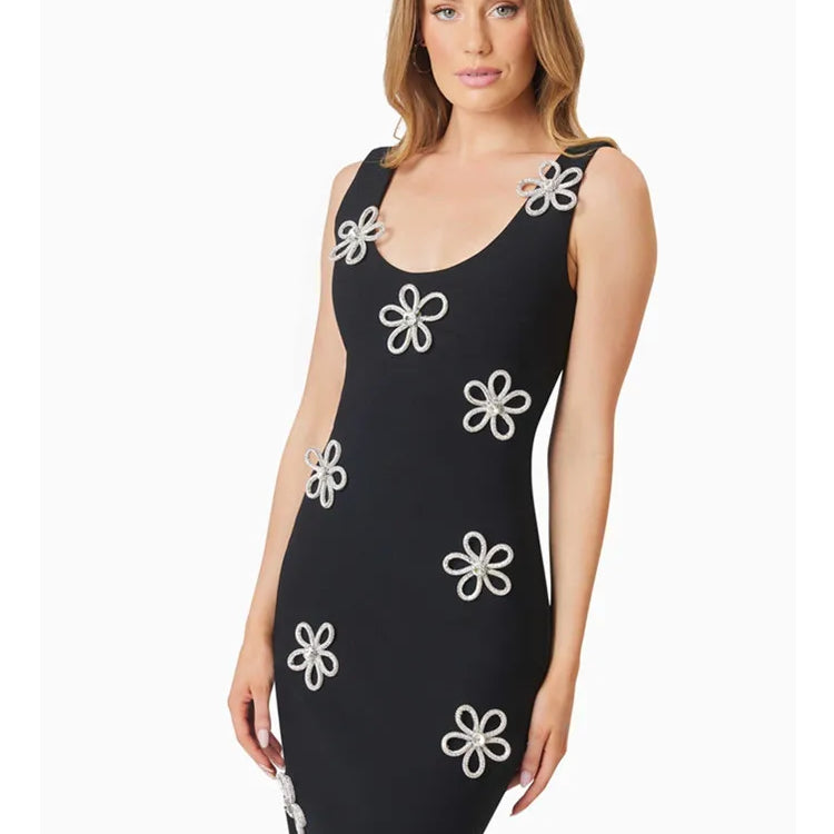 Women Celebrity Sexy Tank Sleeveless Diamonds Black Ankle Length Bodycon Bandage Dress 2025 Elegant Evening Club Party Outfit