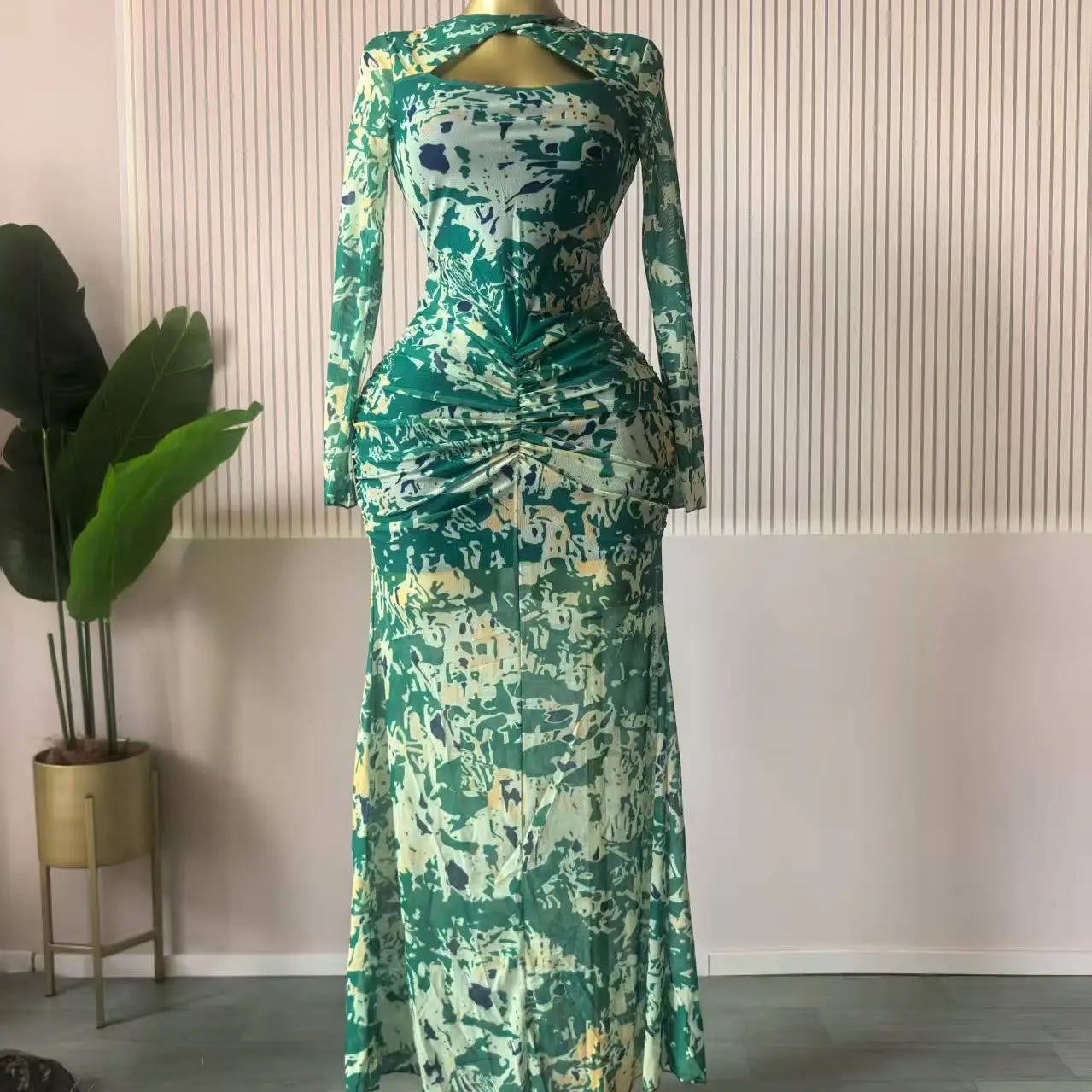 CM.YAYA Women Draped V-neck Cutout Front Ruched Stacked Bodycon Midi Long Maxi Dress 2025 Night Club Party Vestidos Sexy Dresses