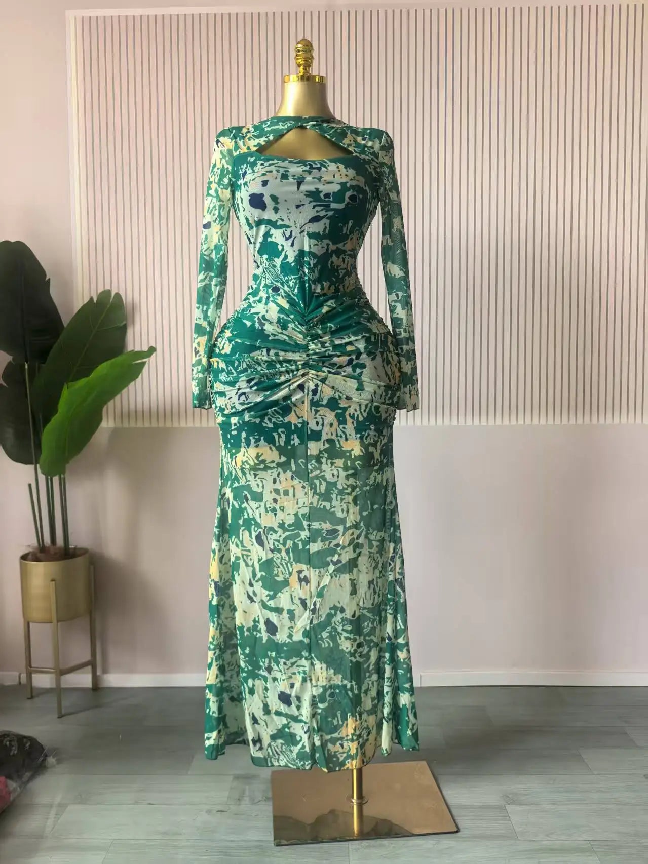 CM.YAYA Women Draped V-neck Cutout Front Ruched Stacked Bodycon Midi Long Maxi Dress 2025 Night Club Party Vestidos Sexy Dresses