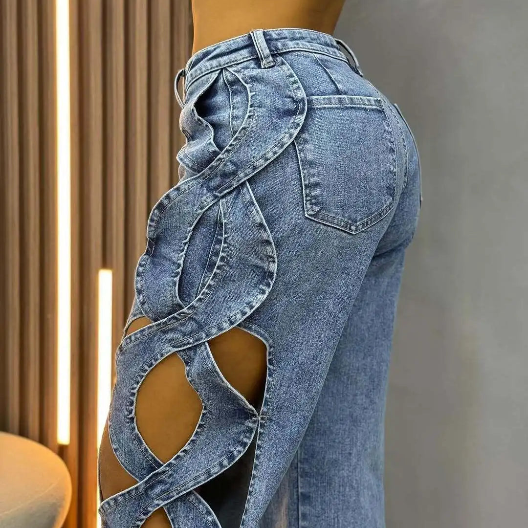 CM.YAYA Women Streetwear Cutout Hollow Out Criss Cross Side Wide Leg  Blue Denim Pants 2025 Fashion Sexy Party Jeans Trousers