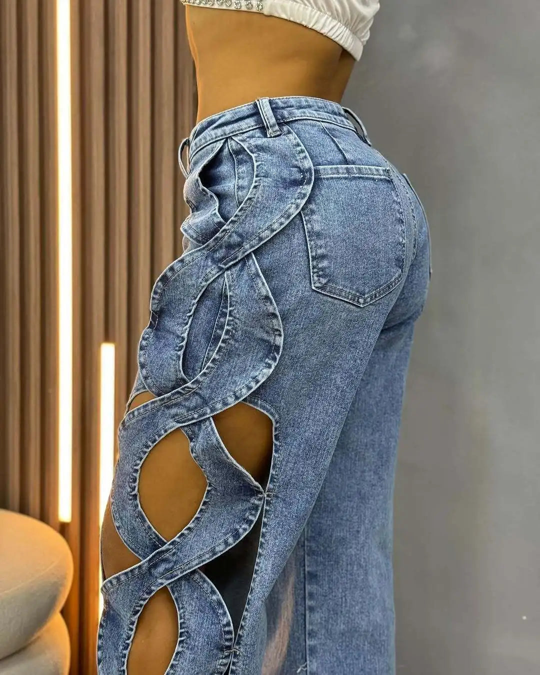 CM.YAYA Women Streetwear Cutout Hollow Out Criss Cross Side Wide Leg  Blue Denim Pants 2025 Fashion Sexy Party Jeans Trousers