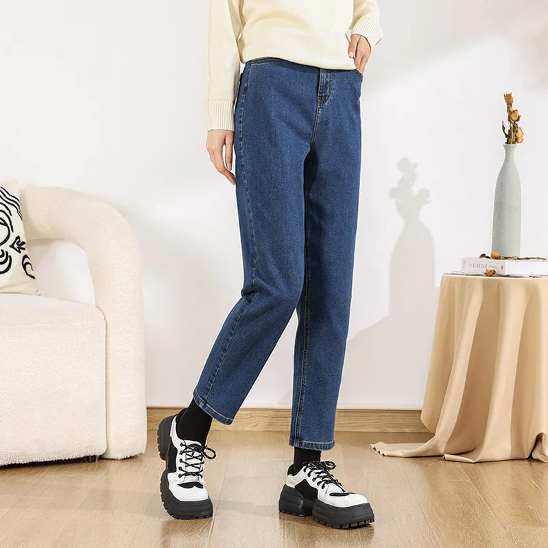 Jeans Women Loose Straight Leg Winter Trendy Bear Pattern Jeans Dark blue